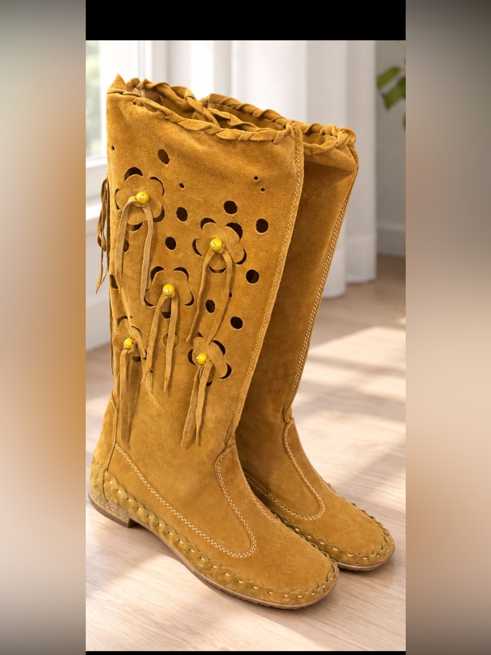 Fringed Suede Leather Knee Booties in Mustard